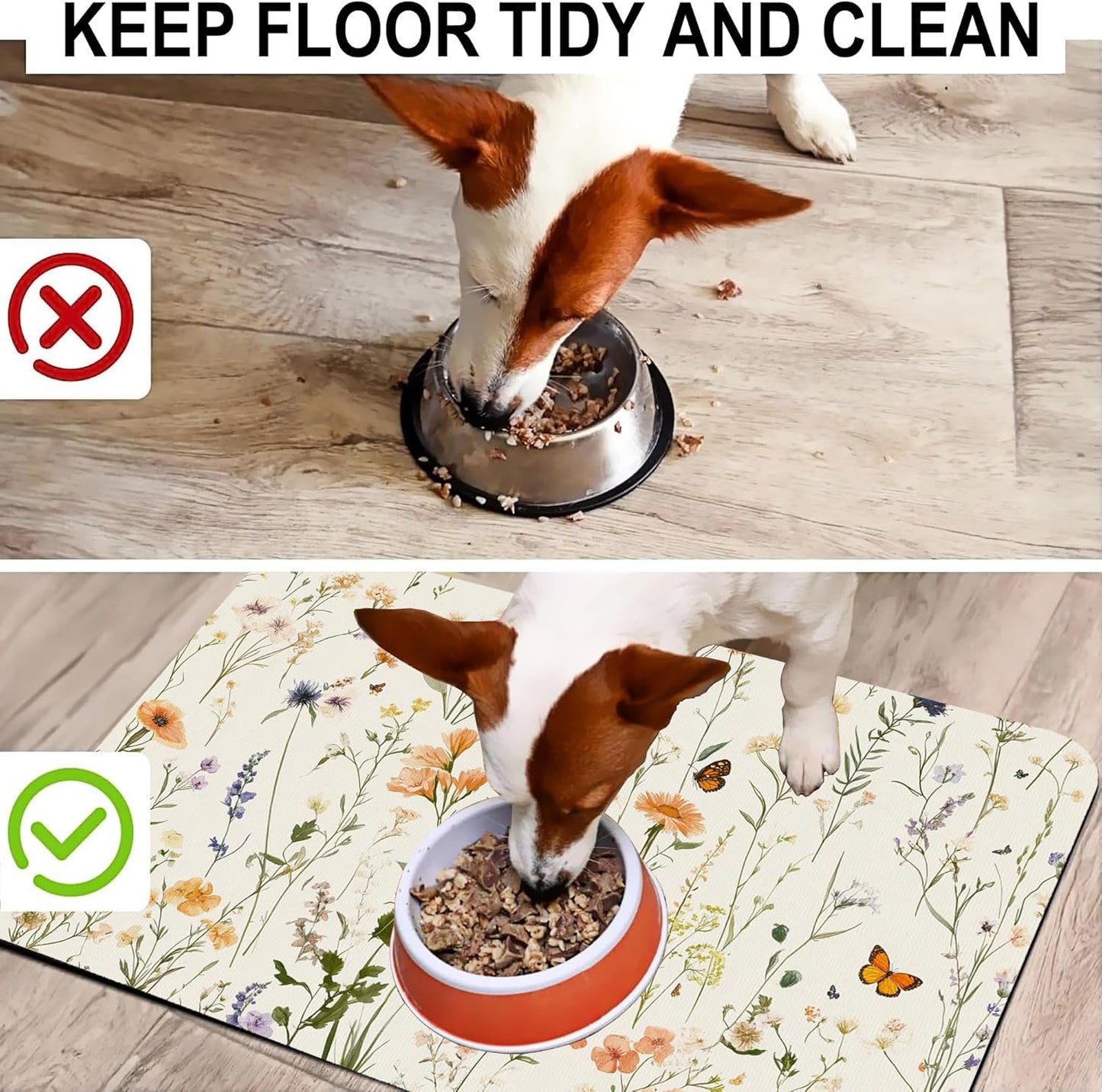Vintage Wildflowers Herbs Pet Feeding Mat for Floors-Absorbent Dog Bowl Mat for Food and Water, Quick Dry Pet Cat Feeding Mats with Non Slip Bottom, Mess-Free Dog Accessories 16"x24"