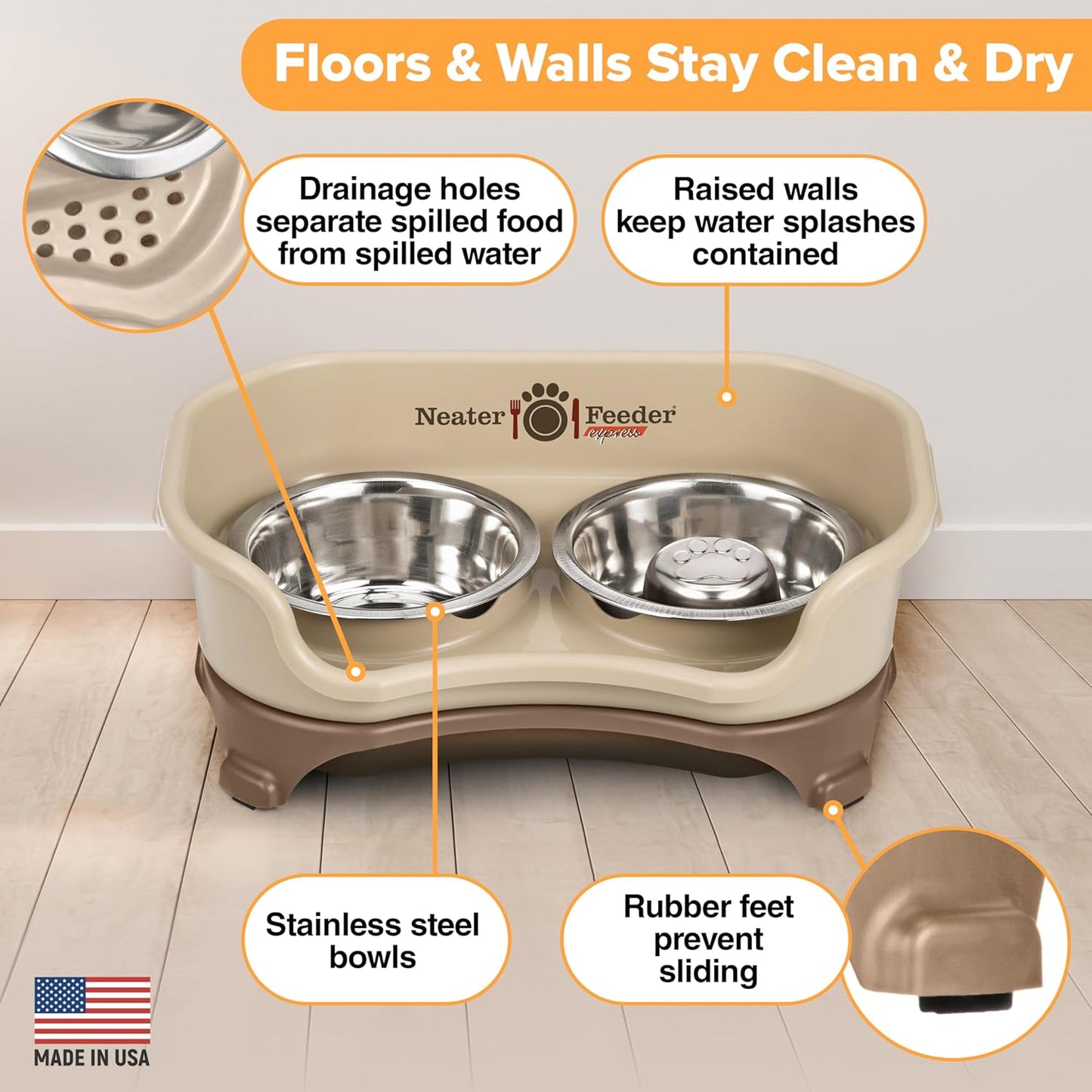 Neater Feeder Express Mess Proof Dog Bowls Elevated for Small Breeds Under 15 Lb, Made in USA, No Spill Raised Dog Food Bowl Stand, Stainless Steel Slow Feed and Standard Water Bowl Set, Cappuccino