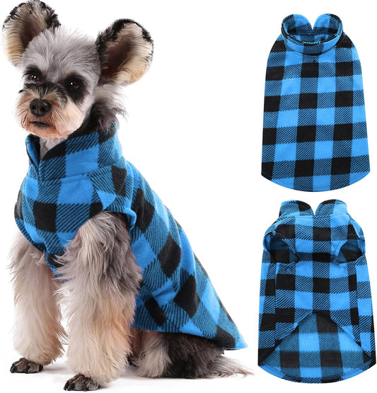 Kuoser Dog Fleece Vest,Warm Plaid Dog Sweater with Leash Hole,Soft Turtleneck Winter Pet Jacket Dogs Coat Pullover Clothes for Small Medium Dogs Cats,Spring Fall Cold Weather Christmas Outfit,Blue S