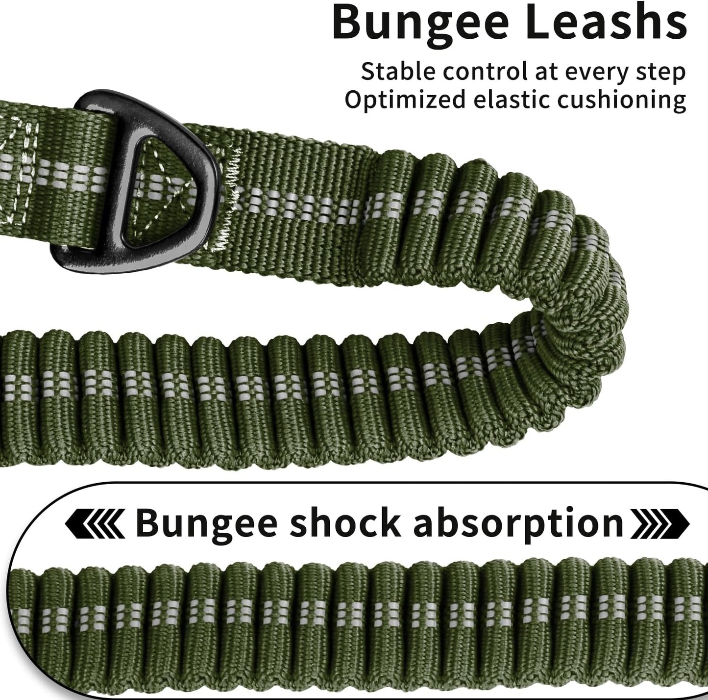 Heavy Duty Tactical Bungee Dog Leash, 4-6FT Shock Absorbing Tactical Dog Leash with 2 Padded Handles, Metal Carabiner Clip, Car Seatbelt, Reflective for Medium Large Dogs (ArmyGreen)