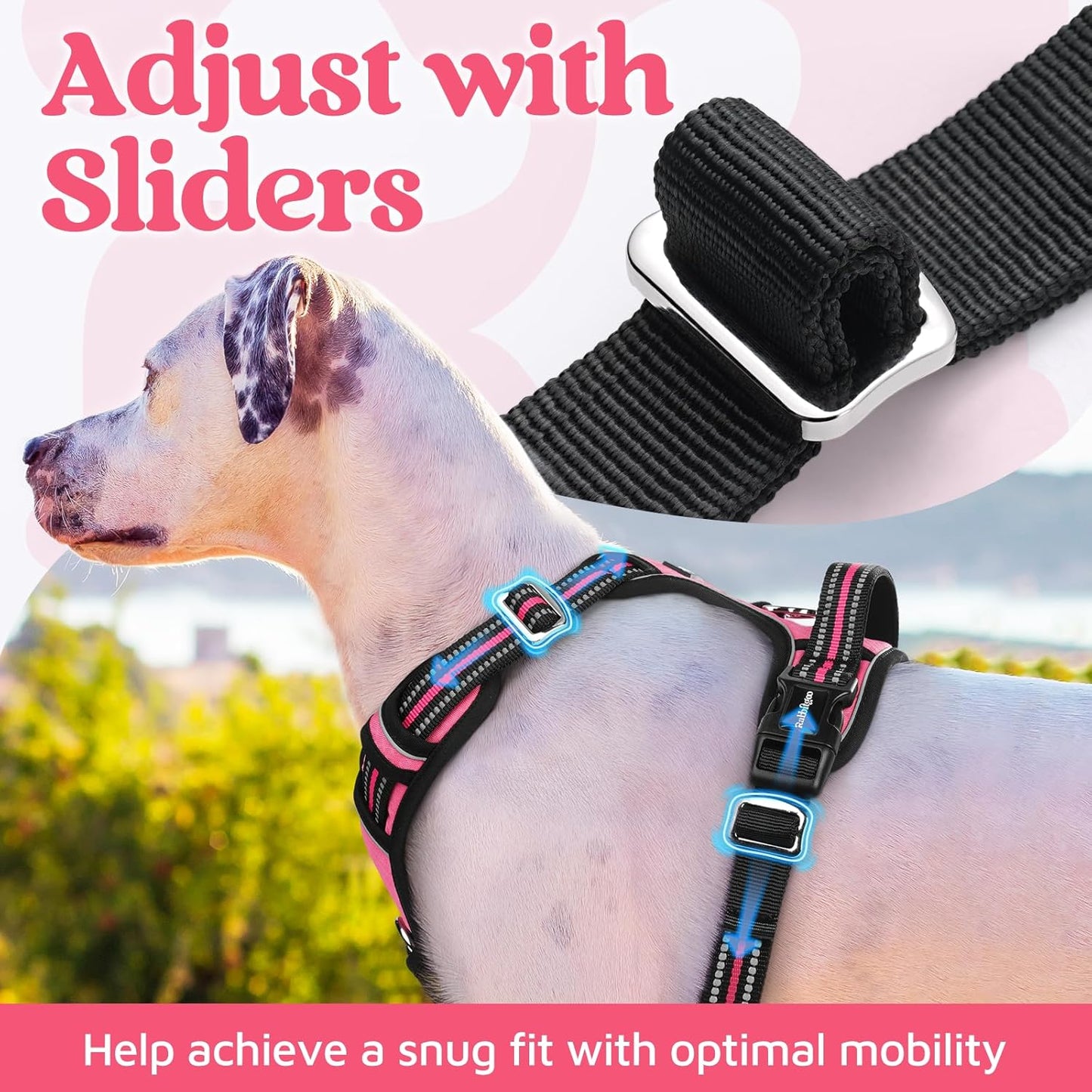 rabbitgoo Dog Harness for Large Dogs, No Pull Pet Vest with 3 Buckles, Adjustable Soft Padded Pet Harness with Easy Control Handle and Reflective Strips, Pink, L