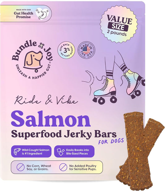 Bundle x Joy Superfood Dog Treats Salmon, Chicken or Beef Jerky Bars - Dog Treats for Snacks and Training – Made in USA - No Corn, Wheat or Soy – Poultry Free, 5oz or 16oz (Salmon (2 Lbs))