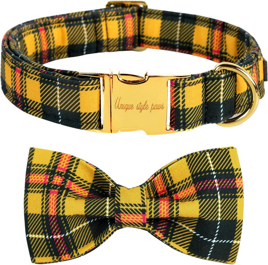Unique style paws Bowtie Dog Collar Cotton Plaid Collar Adjustable Puppy Collar for Small Medium Large Dogs-XS