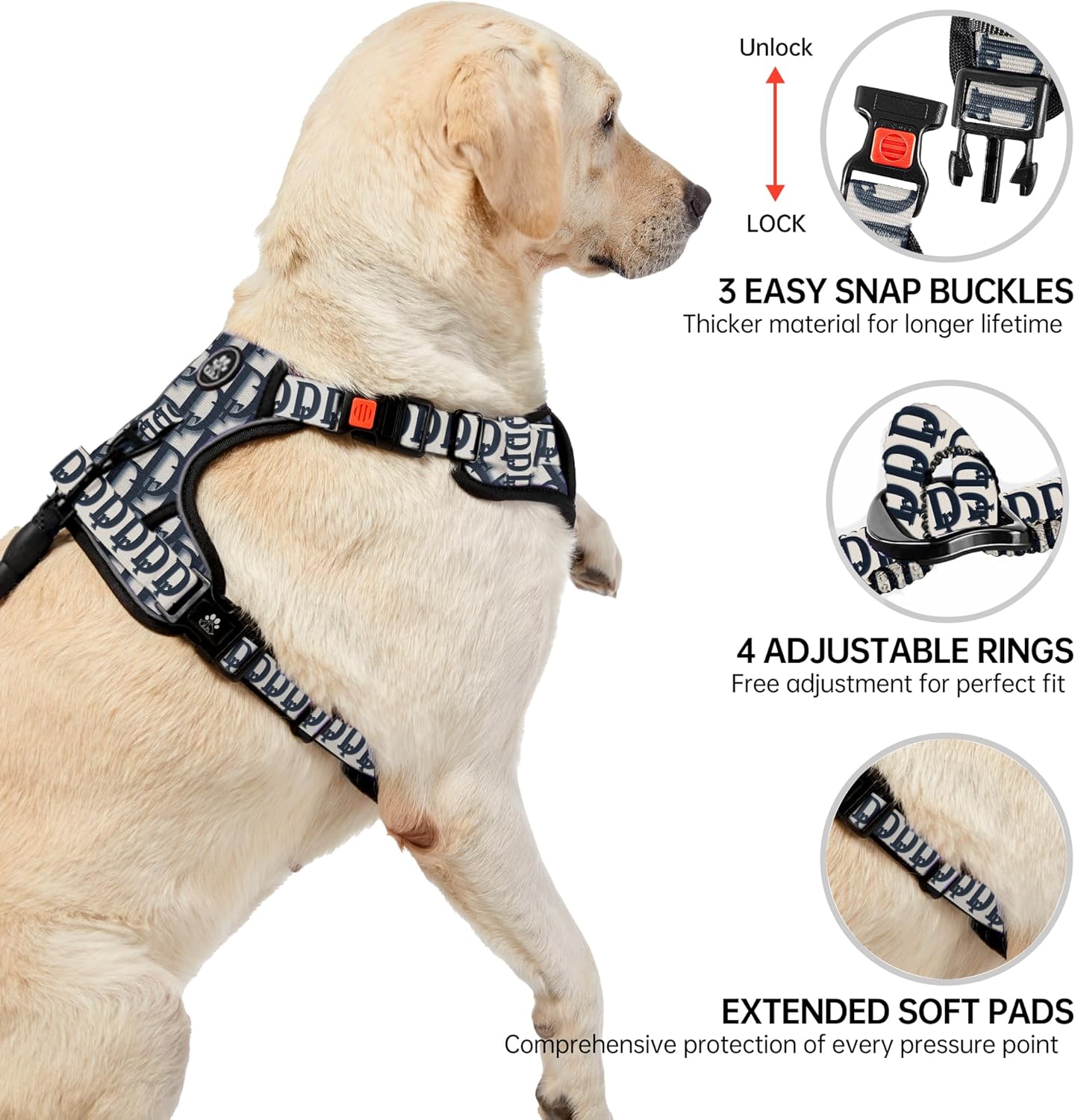 NESTROAD No Pull Dog Harness,Adjustable Oxford Dog Vest Harness with Leash,Reflective No-Choke Pet Harness with Easy Control Soft Handle for Large Dogs(Large,Vintage Blue)