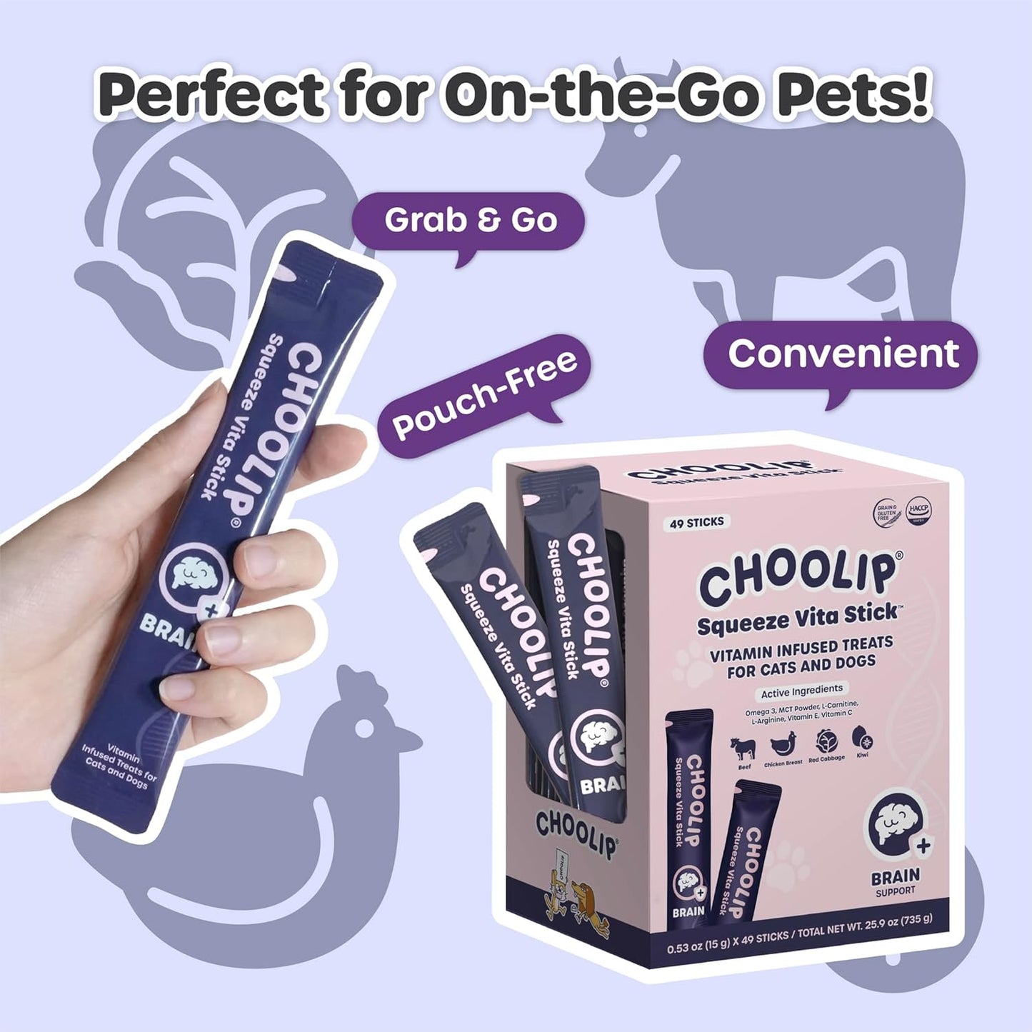 Grab & Go Squeeze Vita Stick Lickable Treats for Dogs & Cats. 49 Brain Support Sticks with Essential multivitamins. Soft and Tasty Paste for All Life Stages, Supporting Brain Health