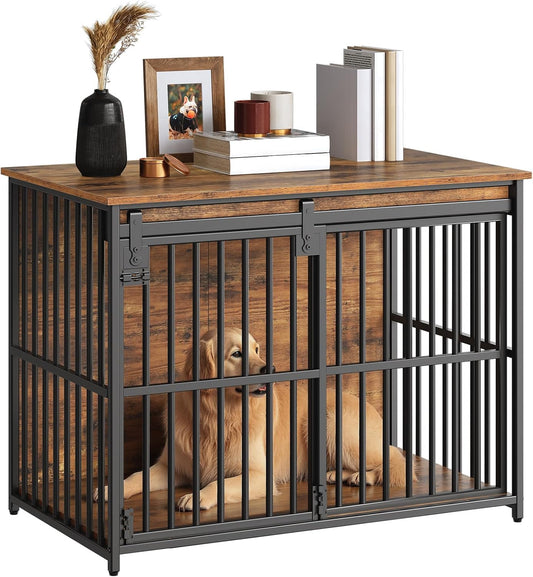 HOOBRO Dog Crate Furniture, 36.6" Heavy Duty Dog Kennel with Sliding Barn Door, Wooden Dog Cage Indoor, Decorative Side End Table for Small/Medium Dogs, Rustic Brown and Black FG162GW03G1