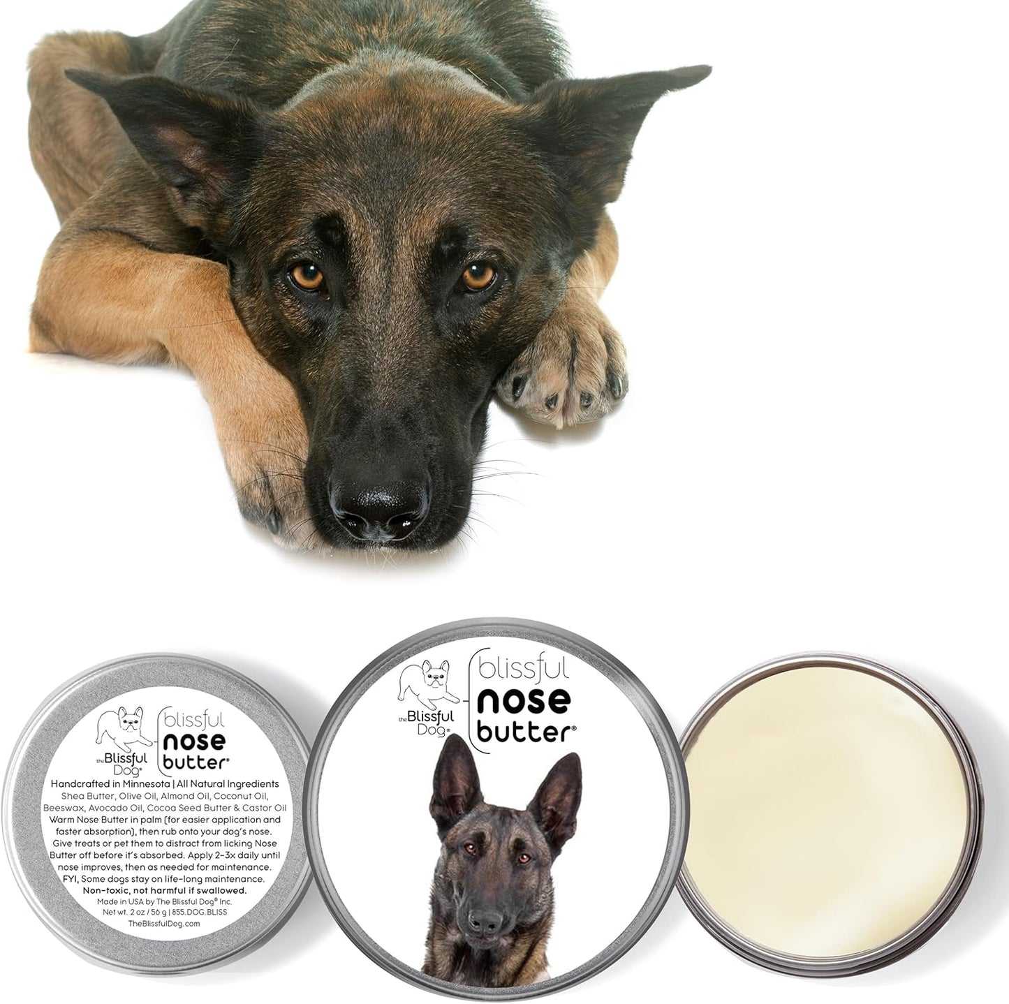 The Blissful Dog Belgian Malinois Nose Butter for Dry, Cracked Skin, Lick-Safe Dog Nose Balm with Moisturizing Shea Butter, Almond, Olive, and Essential Oils, Pet Supplies, Uncented, 1 oz.
