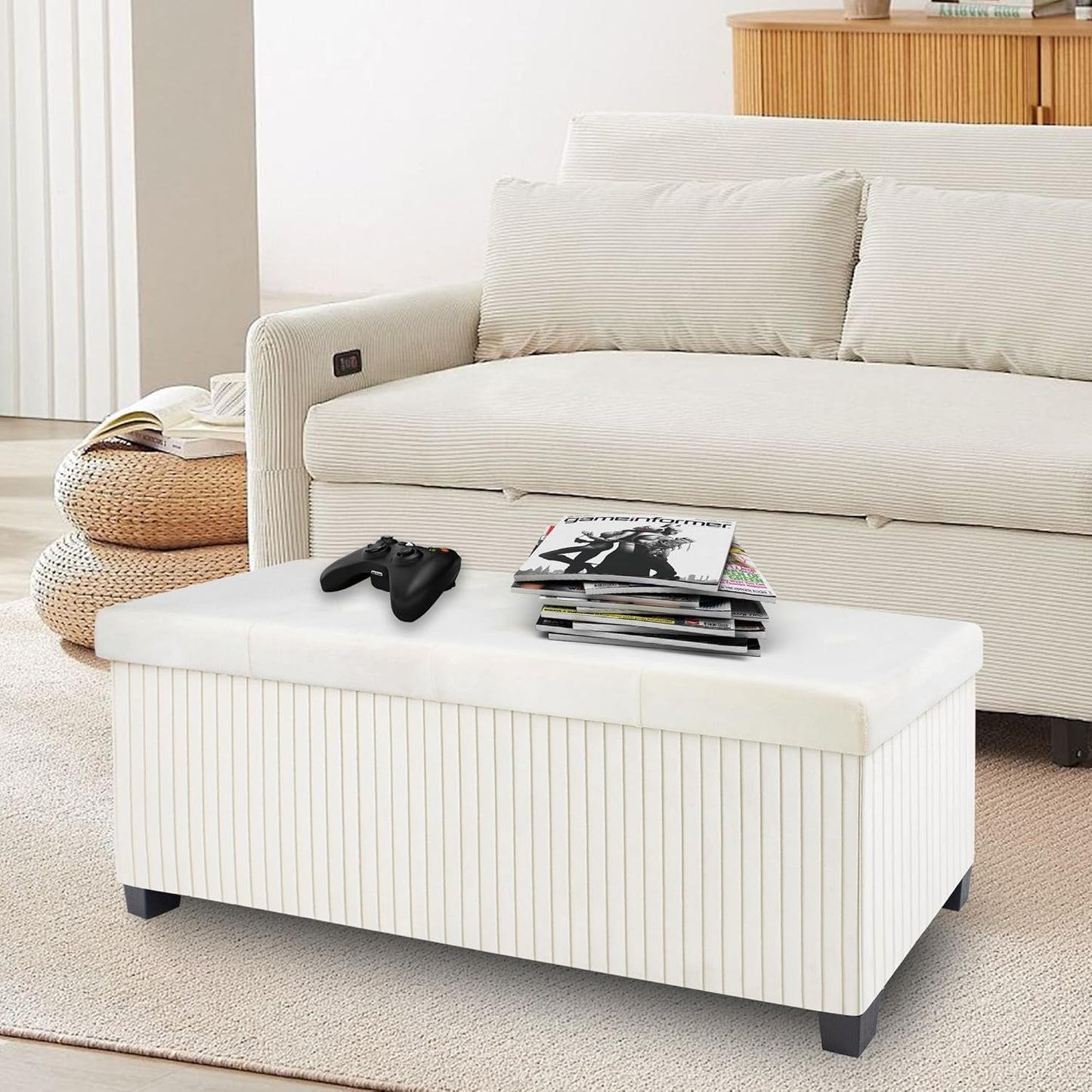 Storage Ottoman Bench, 43 Inch Foldable Ottoman with Legs, Velvet Foot Rest Stool, End of Bed Bench, Storage Chest for Living Room, Bedroom (Beige)