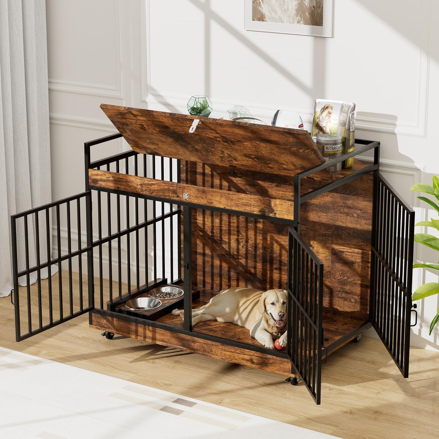 Dog Crate Furniture Large Breed with 2 Stainless Steel Bowls, Large Wooden Dog Crate Table, Escape-Proof & Chew-Proof XL Furniture, Decorate House As TV Stand, End Table, 45" L X 30" W 37" H