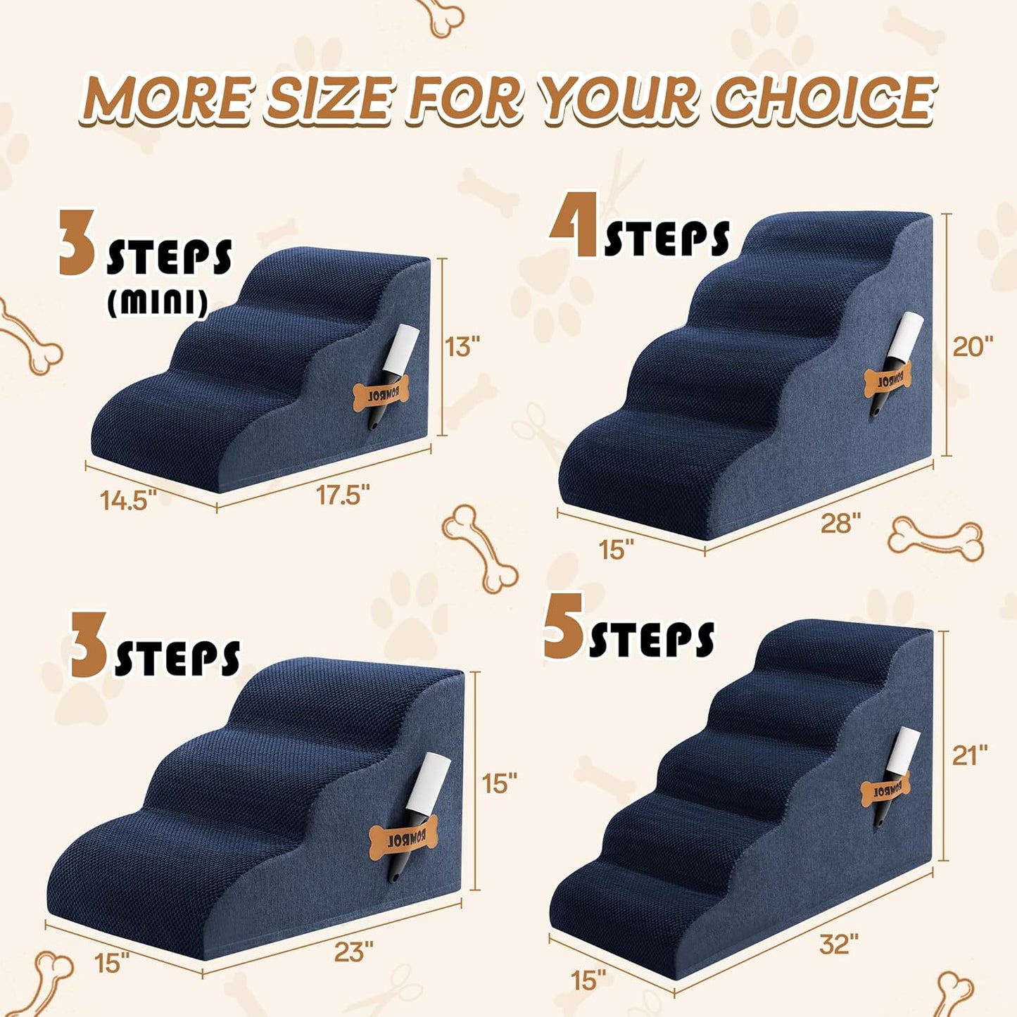 Romrol Dog Stairs Ramp for High Beds Couches, High Density Foam Pet Steps with Durable Non-Slip Waterproof Fabric Cover, Dog Stairs for Small Dogs or Cats or Pets, 3-Step,15 Inch,Navy
