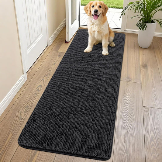 Smiry Dog Door Mat for Muddy Paws 70x24, Absorbs Moisture and Dirt Doormat, Non-Slip Washable Quick Dry Chenille Front Door Mat Indoor Entrance, Entryway Carpet for Inside Floor, Black