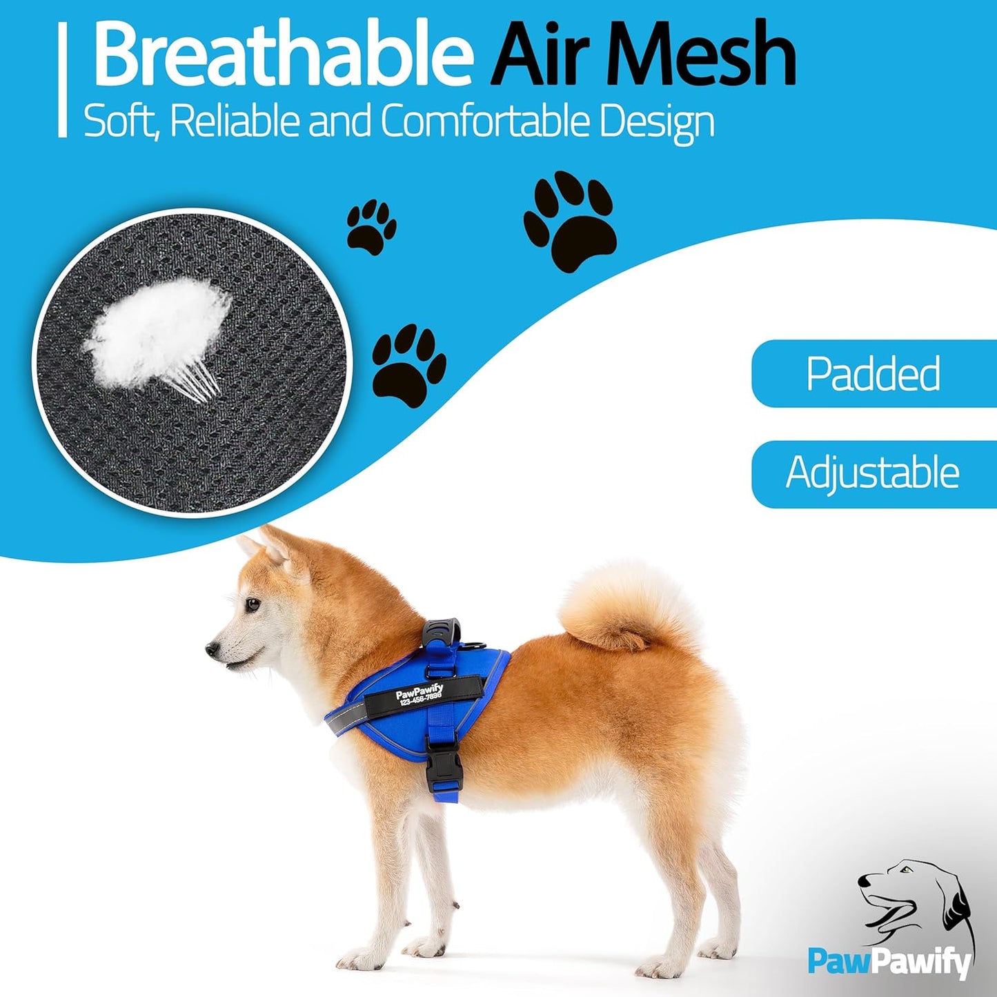 PawPawify Custom No Pull Dog Harness with Name and Phone Number, Heavy Duty Personalized Pet Vest to Prevent Tugging, Pulling, or Choking, Training and Walking (New Blue, L (40-60 LBS))