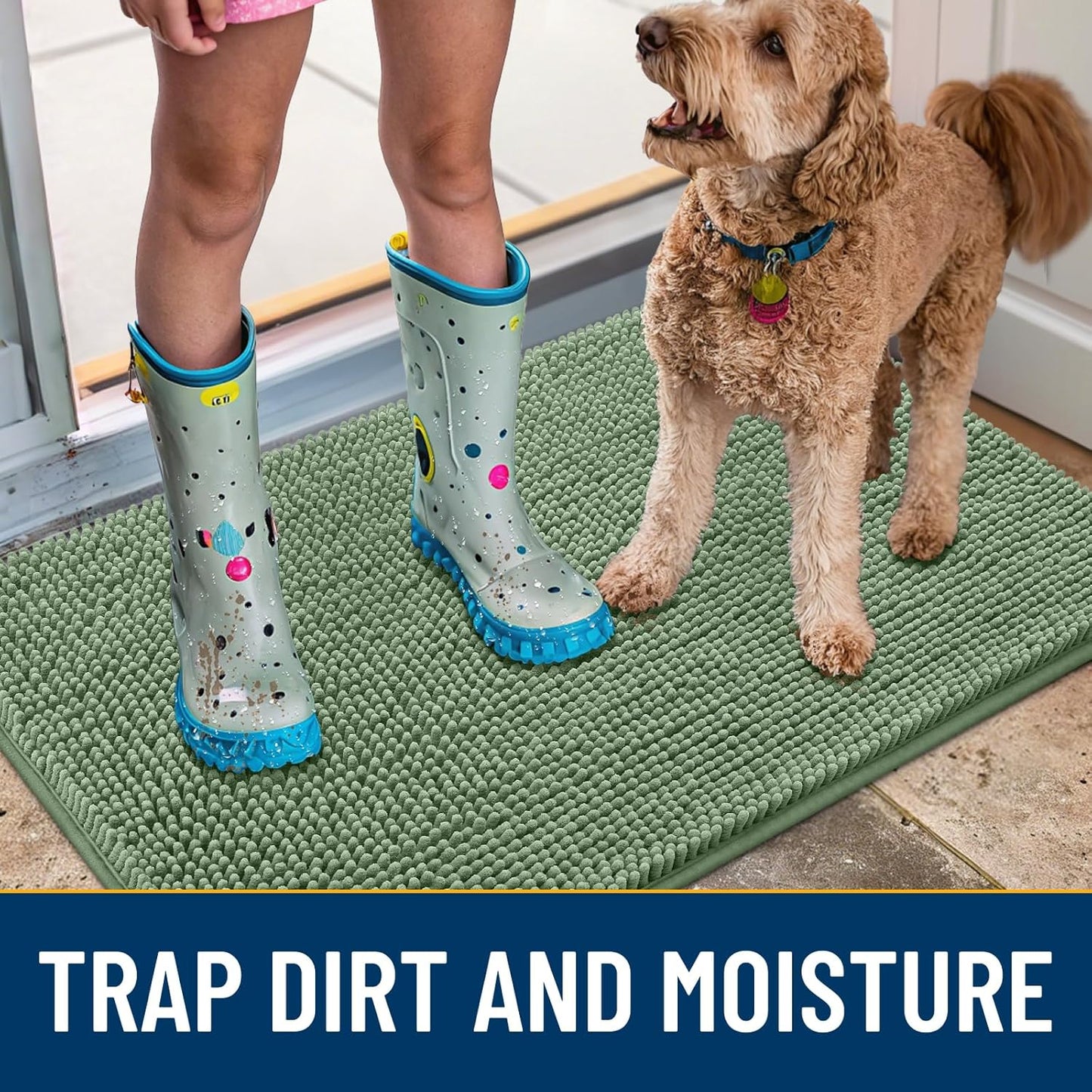 Smiry Dog Door Mat for Muddy Paws 30x20, Absorbs Moisture and Dirt Doormat, Non-Slip Washable Quick Dry Chenille Front Door Mat Indoor Entrance, Entryway Carpet for Inside Floor, Olive Green