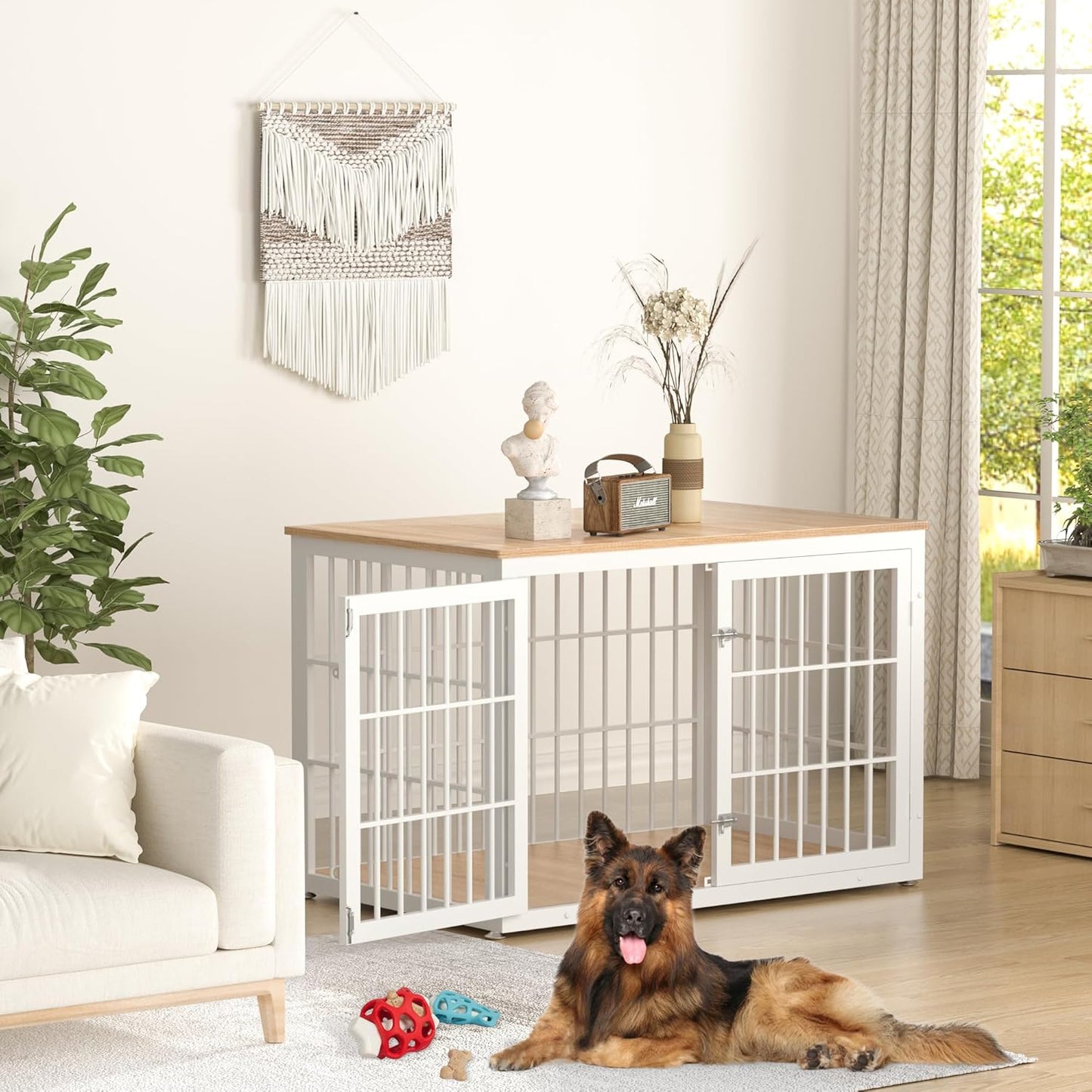 48 Inch Heavy Duty Dog Crate Furniture for Large Dogs, Decorative Pet House End Table, Extra Large Wooden Cage Kennel Furniture Indoor, Natural and White