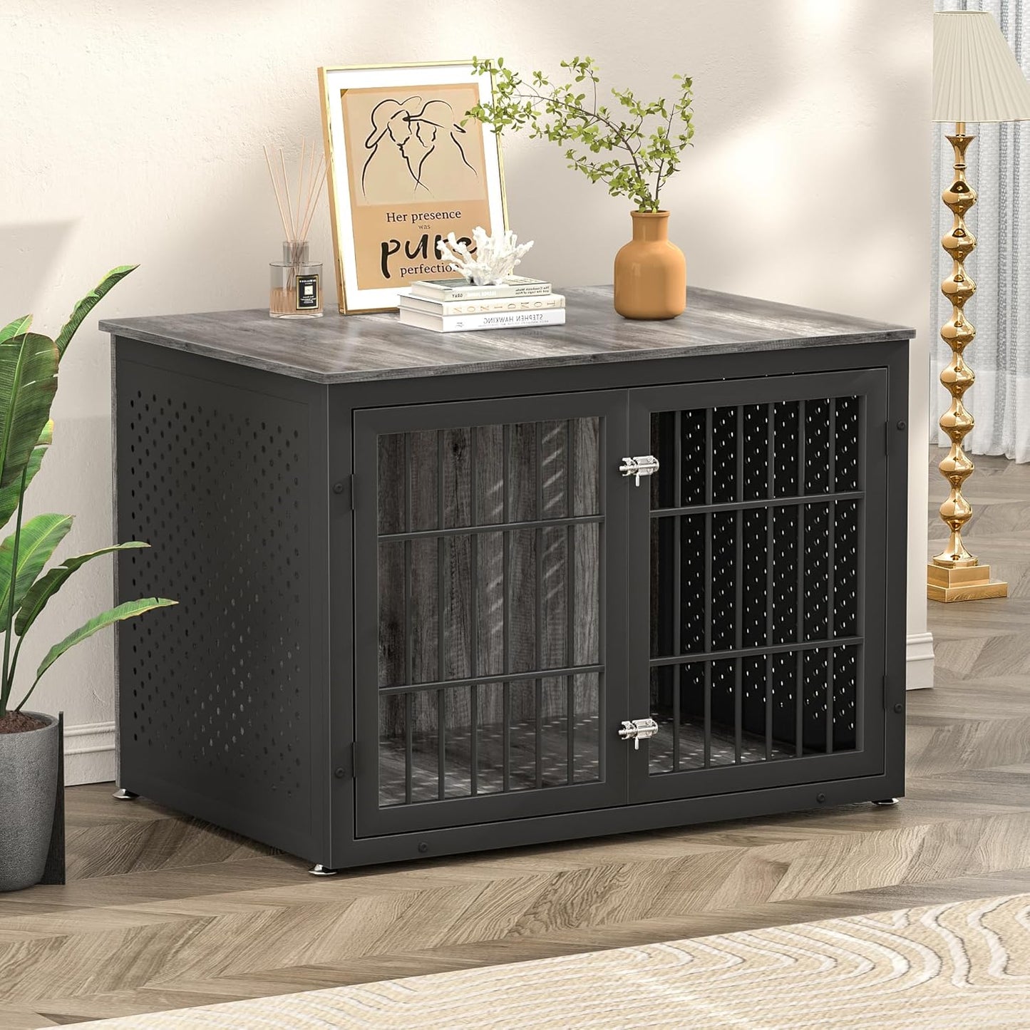 42" Heavy Duty Dog Crate Furniture for Large and Medium Dogs, Enclosed Design Wooden Metal Kennel, Wooden Cage Furniture Indoor, Decorative Dog Kennel End Table