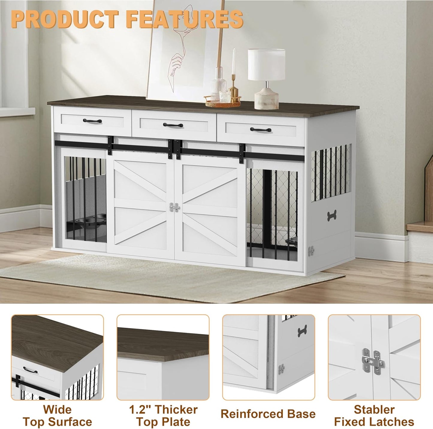 RQZ 65" Double Dog Crate Furniture for 2 Dogs Heavy Duty Wood Dog Cage Table with 3 Storage Drawers and 4 Stainless Steel Bowls Dog Kennel Indoor for Medium Large Dogs