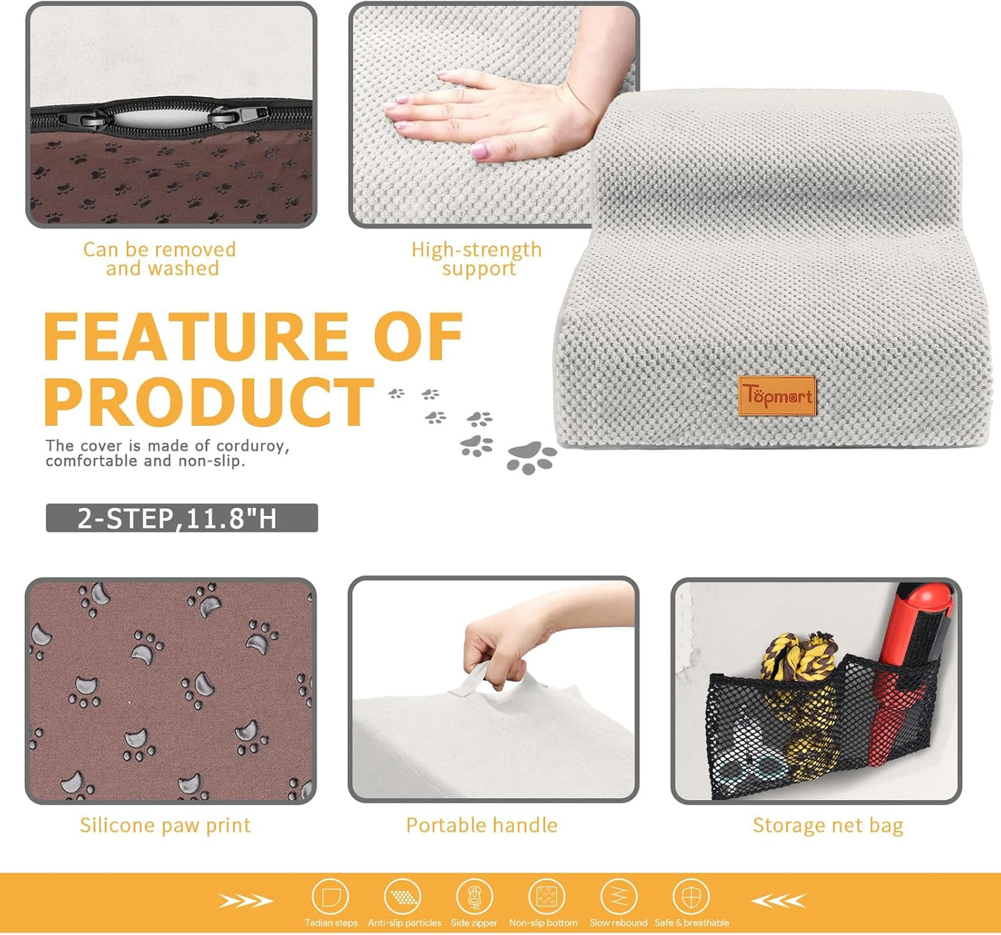 Topmart High Density Foam Pet Steps 2 Tiers,11.8" High,Non-Slip Dog Stairs,Soft Foam Dog Ramp Ladder,Best for Injured,Older Cats,Pets with Joint Pain,Suitable for Low Sofas,Stairs,Lower Place