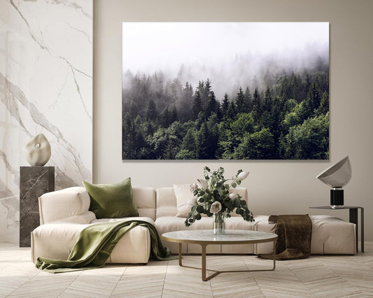 Nature Wall Art Prints - Ocean Forest Mountain Lake Canvas Landscapes - Small to Extra Large Living Room Bedroom Kitchen Bathroom Décor (Foggy Pine Forest, 31L" x 47W")