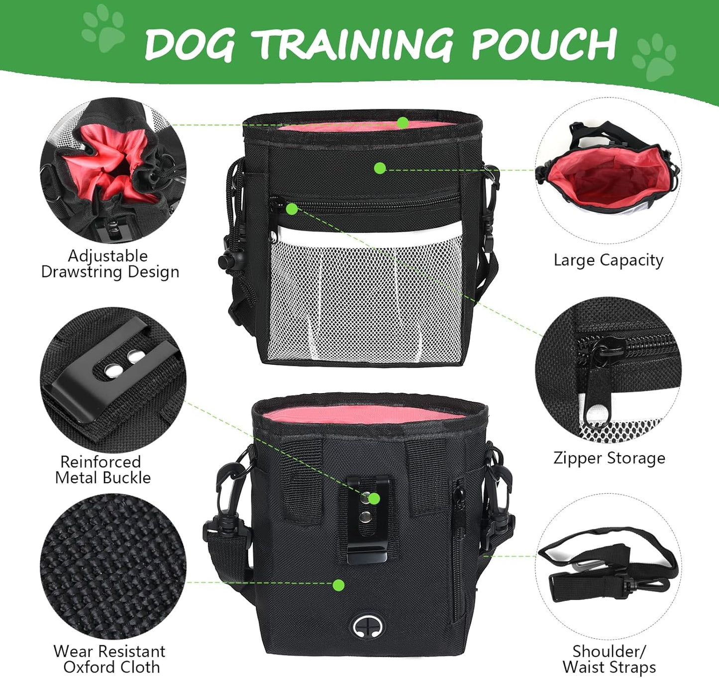 Dog Treat Pouch Pet Training Kit - Silicone Treat Bag Magnetic Closure, Puppy Training Clicker, Dog Whistle, Collapsible Dog Bowls, Poop Bags & Holder, 4 Ways to Wear Walking Fanny Pack-Black