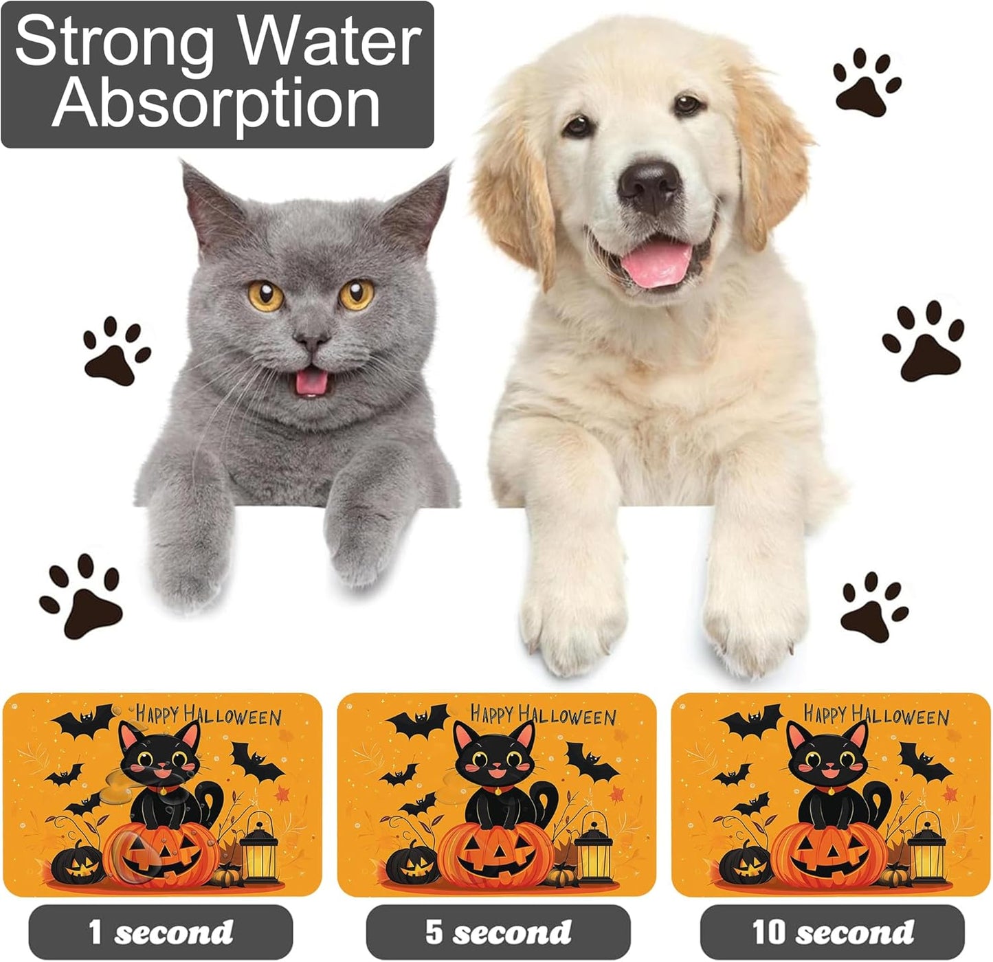 Happy Halloween Cat Pet Feeding Mat for Floors-Absorbent Dog Bowl Mat for Food and Water, Quick Dry Pet Cat Feeding Mats with Non Slip Bottom, Mess-Free Dog Accessories 12"x20"