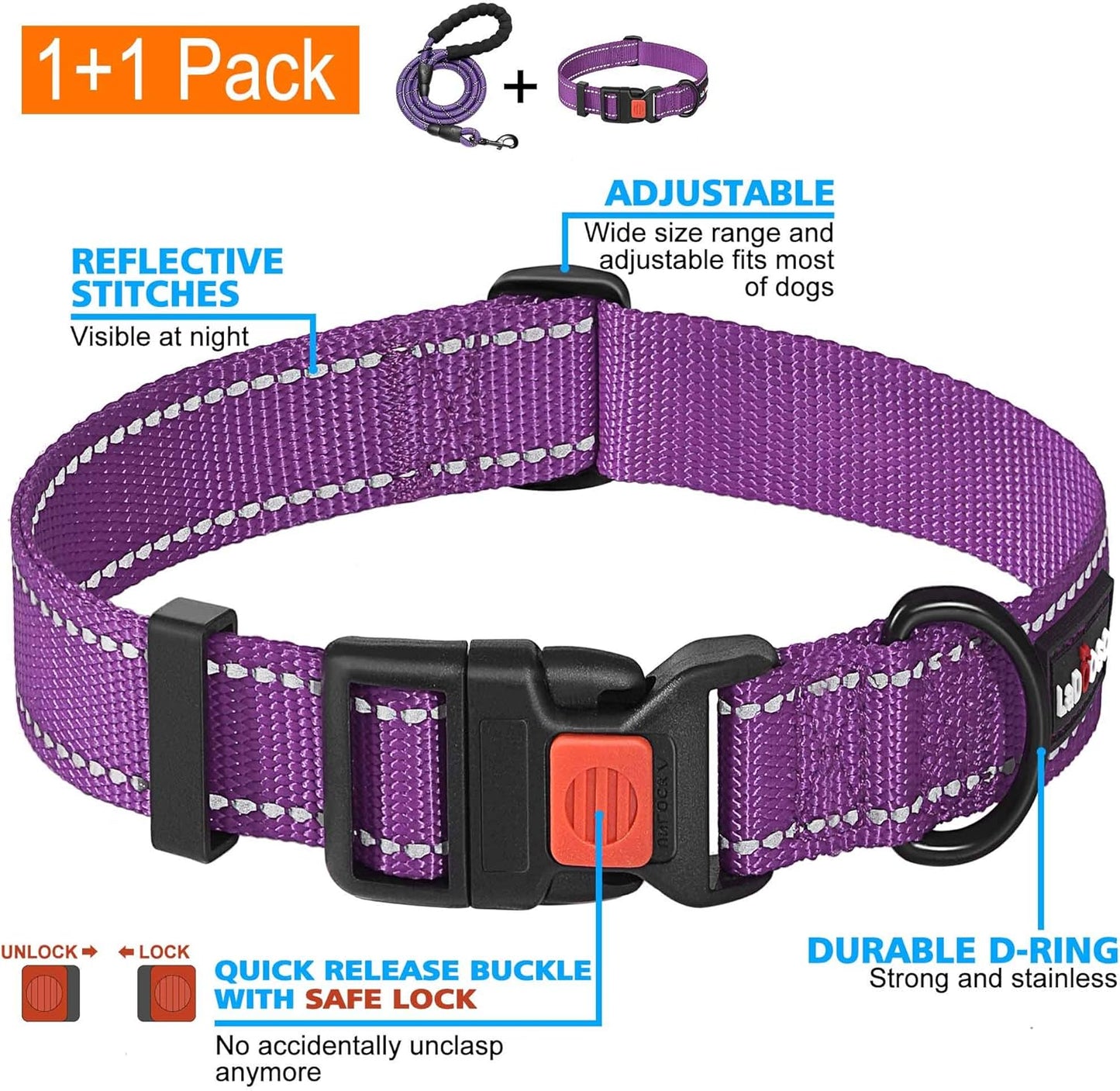 Heavy Duty Dog Leash - Comfortable Padded Handle, 5 ft Long - Dog Leashes for Small Medium Large Dogs (Leash+Collar S Neck 13.5"-16", Purple)