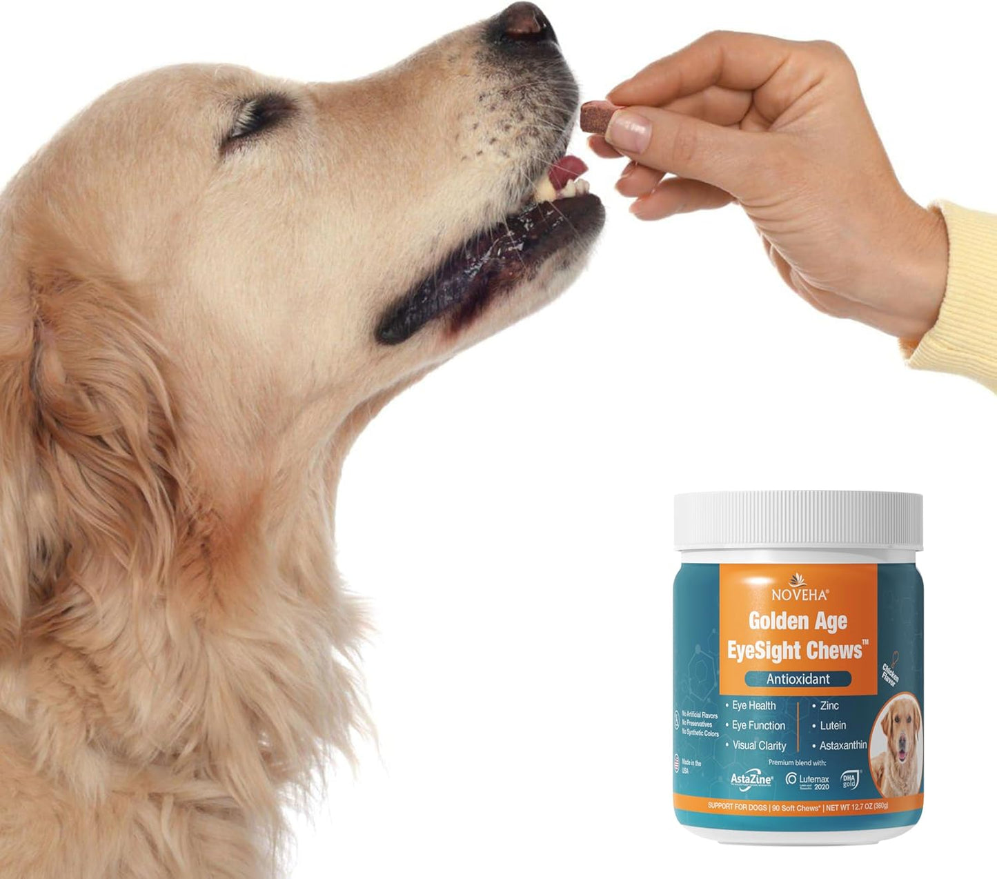 NOVEHA Eye Supplement for Dogs - Vision Support with Lutein + Vitamin C & Astaxanthin Antioxidants - Dog Vitamins for Eyes + Fish Oil for Omega 3 EPA - Made in USA - 90 Soft Chews (3 Pack)