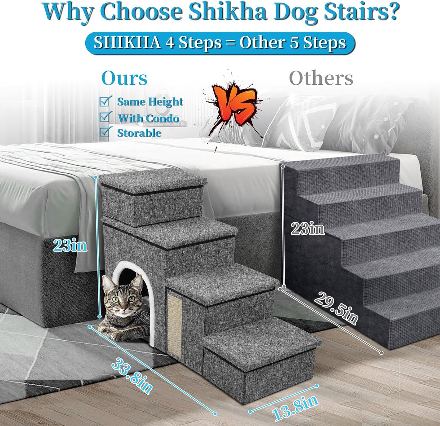Dog Stairs for Bed and Couch 23“H, Foldable Dog Stairs for Small Older Dogs, 4 in 1 Adjustable Pet Cat Steps Ramps with Storage, Condo, Cat Scratcher, Hold Up to 180LBS, 4 Steps