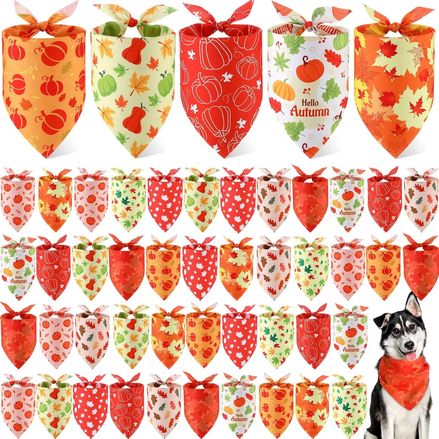Weewooday 50 Pcs Fall Dog Bandanas Bulk Pumpkin Maple Leaves Thanksgiving Autumn Bandanas for Bibs Adjustable Scarf for Small Medium Large Pets Cats Costume(Leaves Pattern, 31.5 x 21.7 X21.7 Inch)