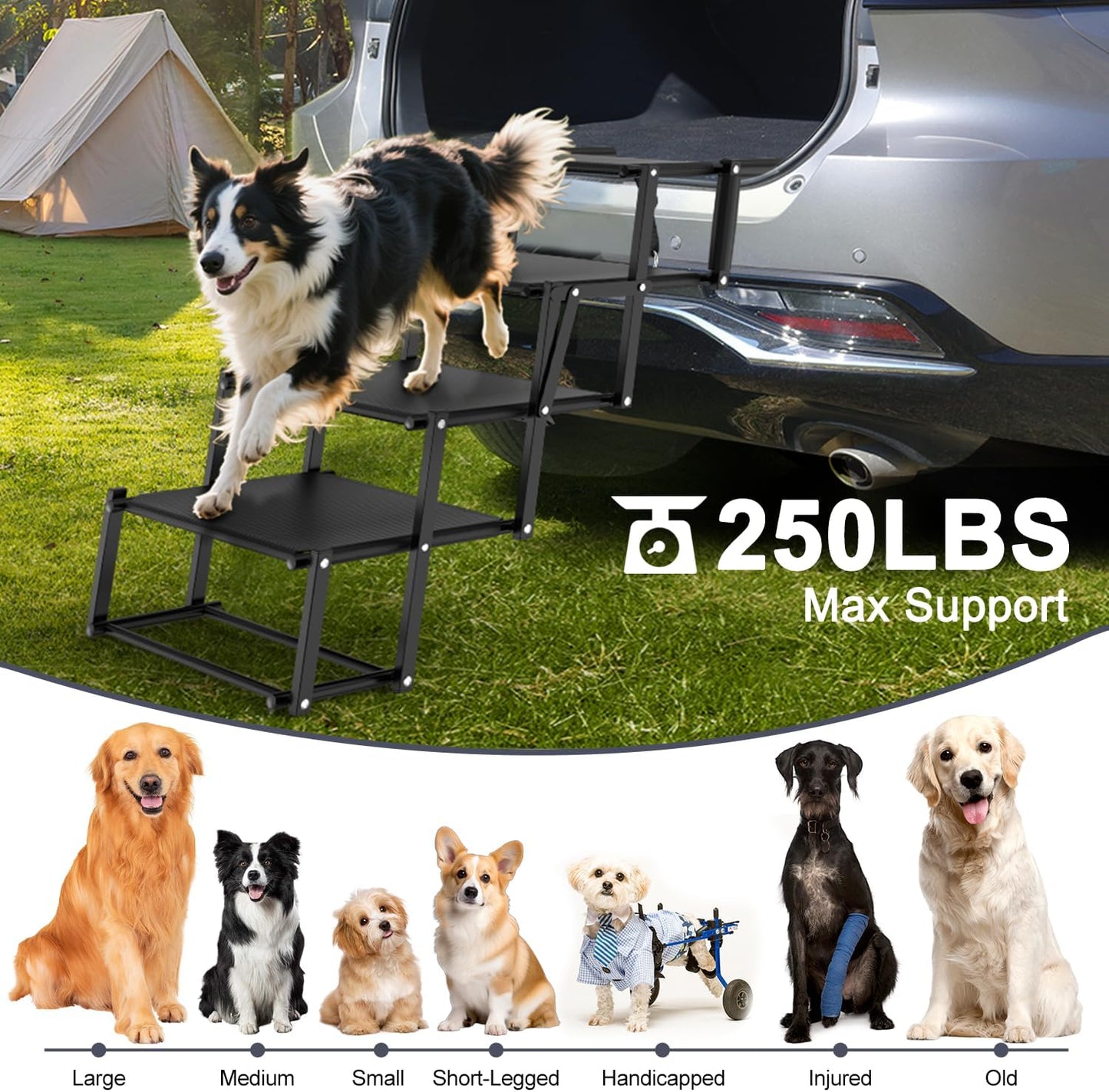 Extra Wide Dog Stairs for Large Dogs, Foldable Dog Ramp for Car with Non-Slip Surface, Lightweight Dog Stairs for Cars, Dog Steps for Cars, SUV, High Beds, Truck, Supports up to 250 lbs, 4 Steps