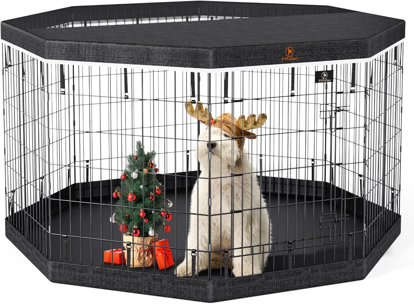 PJYuCien Dog Playpen, 8 Panels 36’’H Dog Pens Indoor with Bottom Pad and Top Cover, Metal Foldable Pet Puppy Exercise Fence Crate Kennel, Better for Medium Animals,Black