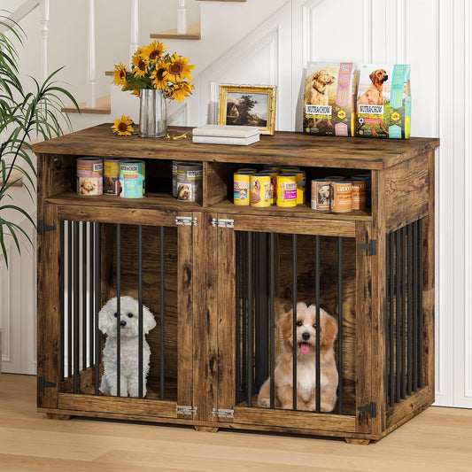 Furniture Dog Crate for 2 Dogs, 41 Inch Dog Kennel Furniture with Removable Divider and Shelf Storage, Wooden Dog Crate for Small/Medium Dogs, Rustic Brown