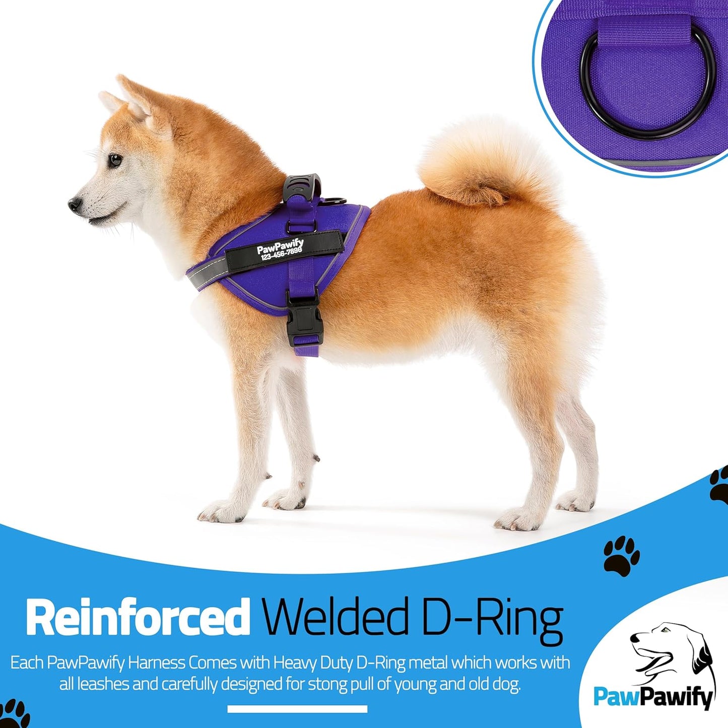 PawPawify Custom No Pull Dog Harness with Name and Phone Number, Heavy Duty Personalized Pet Vest to Prevent Tugging, Pulling, or Choking, Training and Walking (New Purple, XS (5-9LBS))