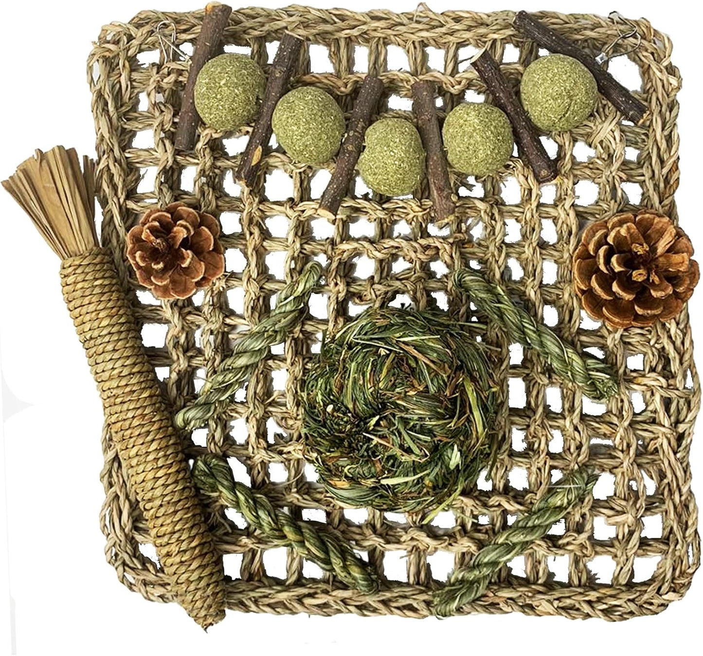 Hamiledyi Rabbit Seagrass Mat Bunny Chew Toys for Teeth Hanging Activity Mat Rabbit Enrichment Activity Mat Small Animal Toys for Hamster Guinea Pigs Gerbil Birds