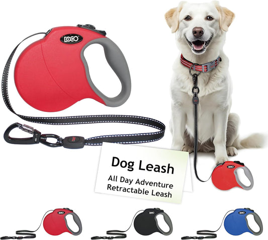 DOCO Retractable Dog Leash for Large Dogs (Length - 13ft, Weight - Upto 22lb) Reflective Tape Lead with Stop and Lock Control, Tangle Free 360° Swivel Snap & Anti-Slip Grip (Red, Small)