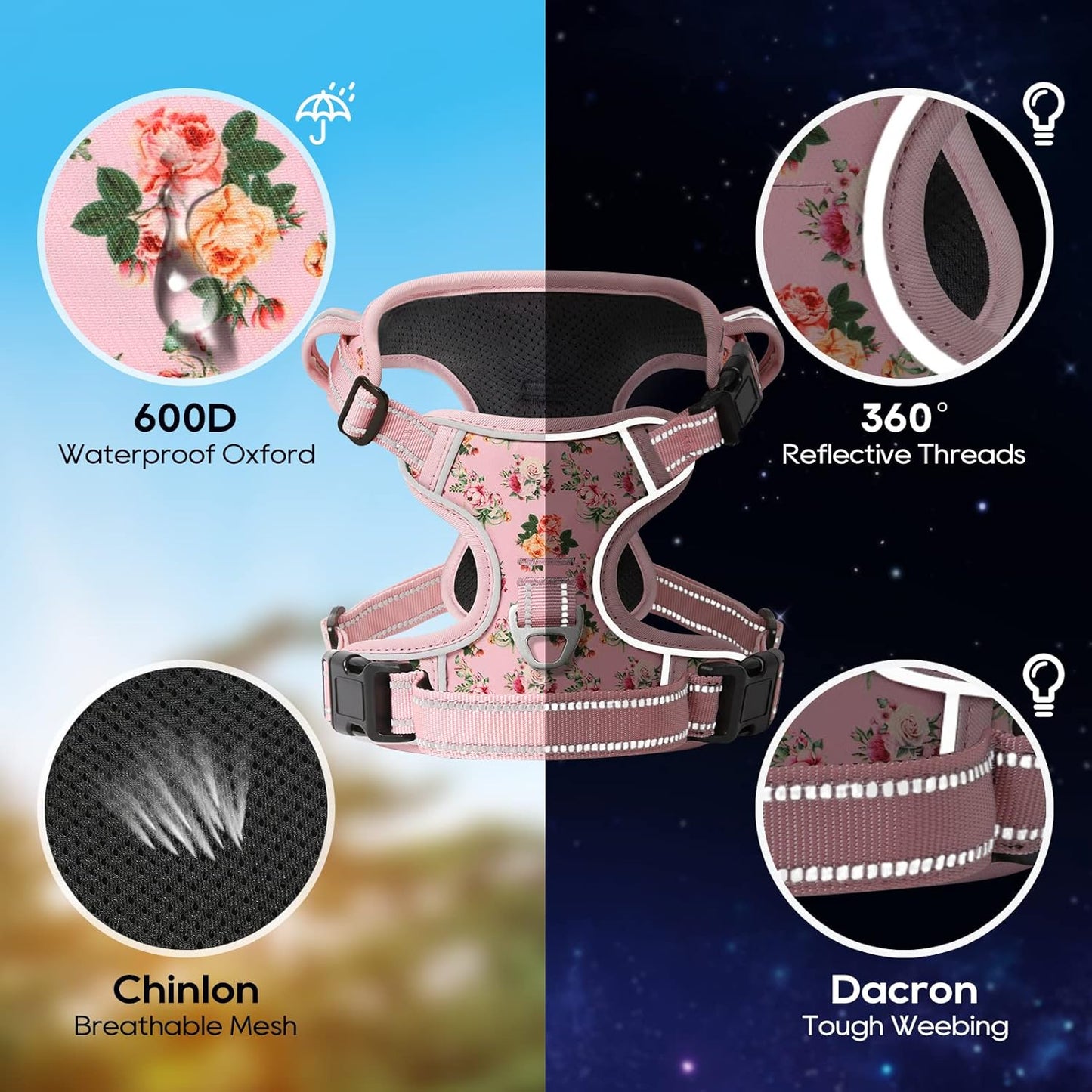 Timos No Pull Dog Harness, Release at Neck Reflective 3 Snap Buckles Adjustable No Choke Pet Vest with Front & Back 2 Leash Clips, Soft Padded Control Training Handle for Small Medium Large Dogs