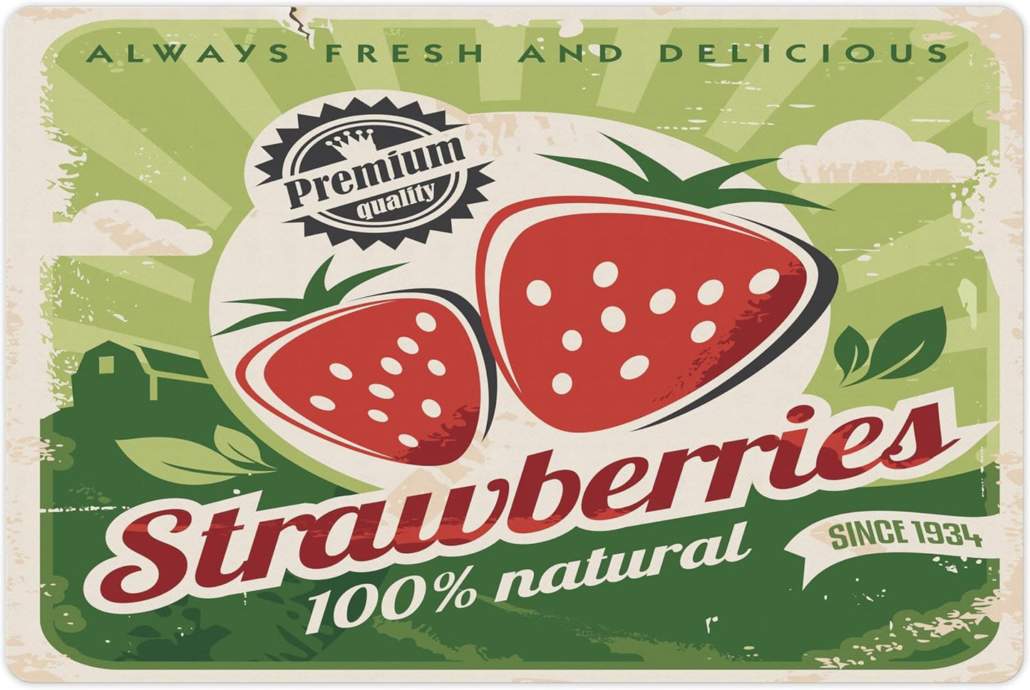 Lunarable Strawberry Pet Mat for Food and Water, Farmers Market Poster Design with Grunge Worn Out Effect, Non-Slip Rubber Mat for Dogs and Cats, 18" X 12", Red Green