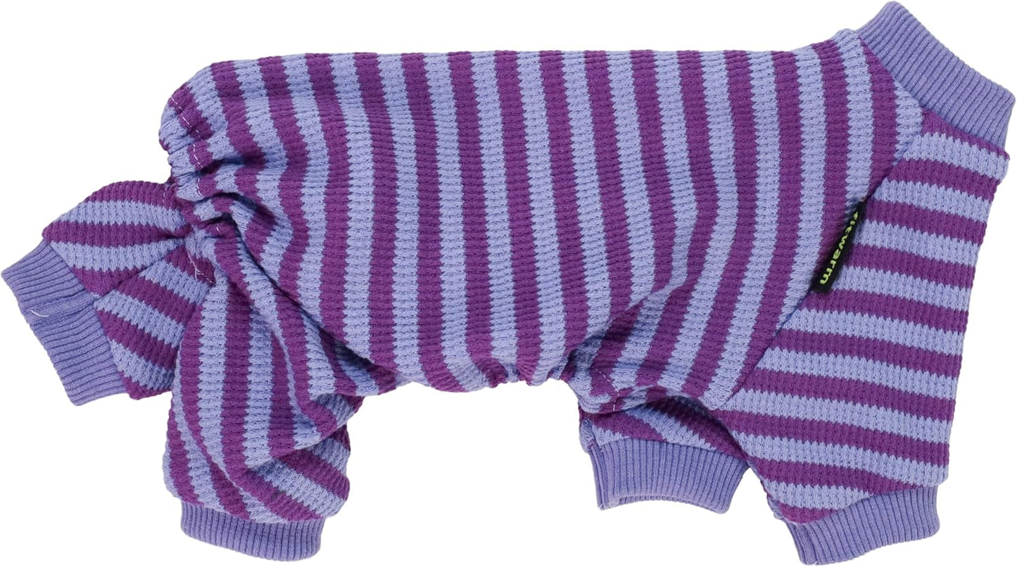 Fitwarm Purple and Violet Striped Dog Pajamas, Waffle Dog Clothes for Small Dogs Girl Boy, Puppy Onesie with Feet, Pet Cat Outfit, Medium