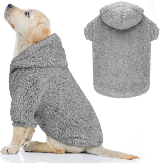 Fuzzy Dog Hoodie Dog Sweaters for Large Dogs Soft Double-Sided Plush Fleece Sweater Clothes Coats Hoodie Sherpa Hooded Sweatshirt(Grey-L)