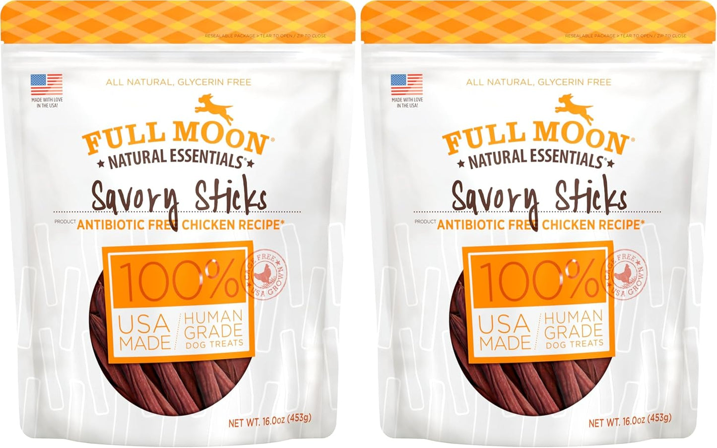 Full Moon All Natural Human Grade Dog Treats, Essential Chicken Savory Sticks, 16 Ounce (Pack of 2)