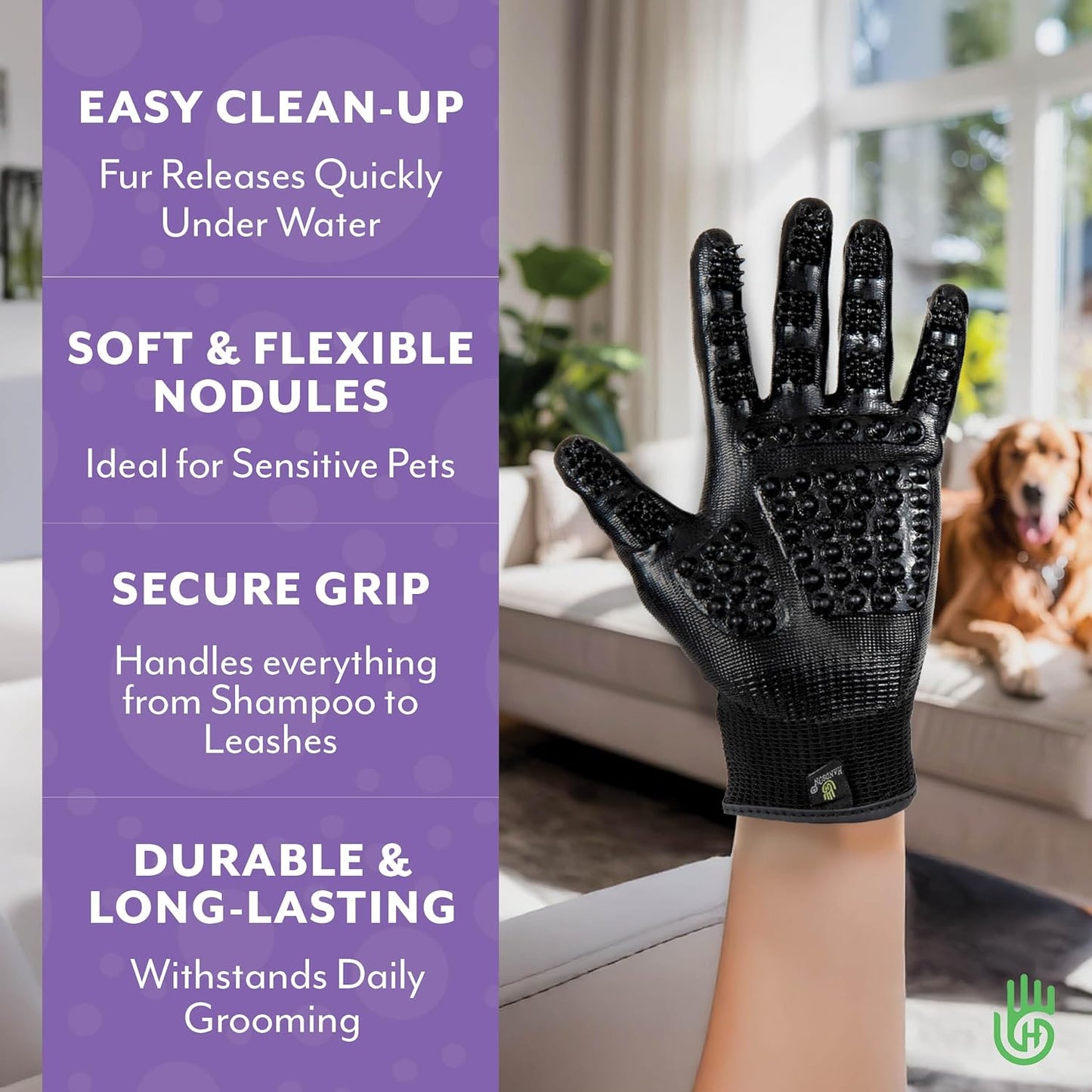 H HANDSON Pet Grooming Gloves - Patented #1 Ranked, Award Winning Shedding, Bathing, & Hair Remover Gloves - Gentle Brush for Cats, Dogs, and Horses (Blue, Medium)