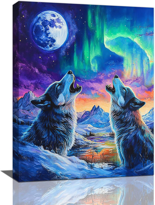 Wolf Wall Art Wolves Canvas Wall Decor Prints Framed Painting Aurora Pictures Gifts Artwork for Bathroom Bedroom Living Dining 12"x16"