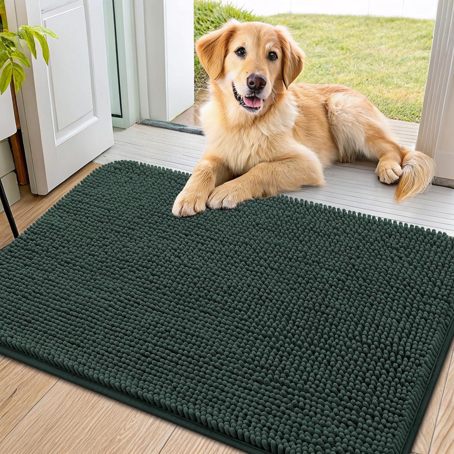 Smiry Dog Door Mat for Muddy Paws 36x24, Absorbs Moisture and Dirt Doormat, Non-Slip Washable Quick Dry Chenille Front Door Mat Indoor Entrance, Entryway Carpet for Inside Floor, Green