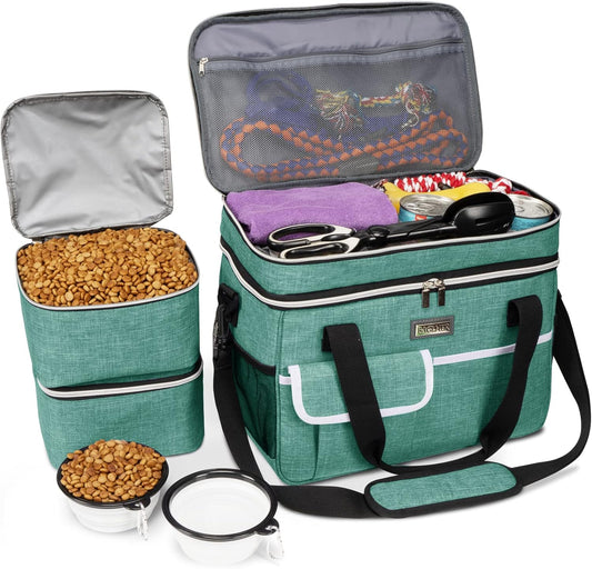 BAGLHER Dog Travel Bag for Supplies - Double-Layer Airline Approved Weekend Pet Travel Organizer Set for Dog and Cat Tote with 2 Pet Food Containers and 2 Collapsible Silicone Bowls Green