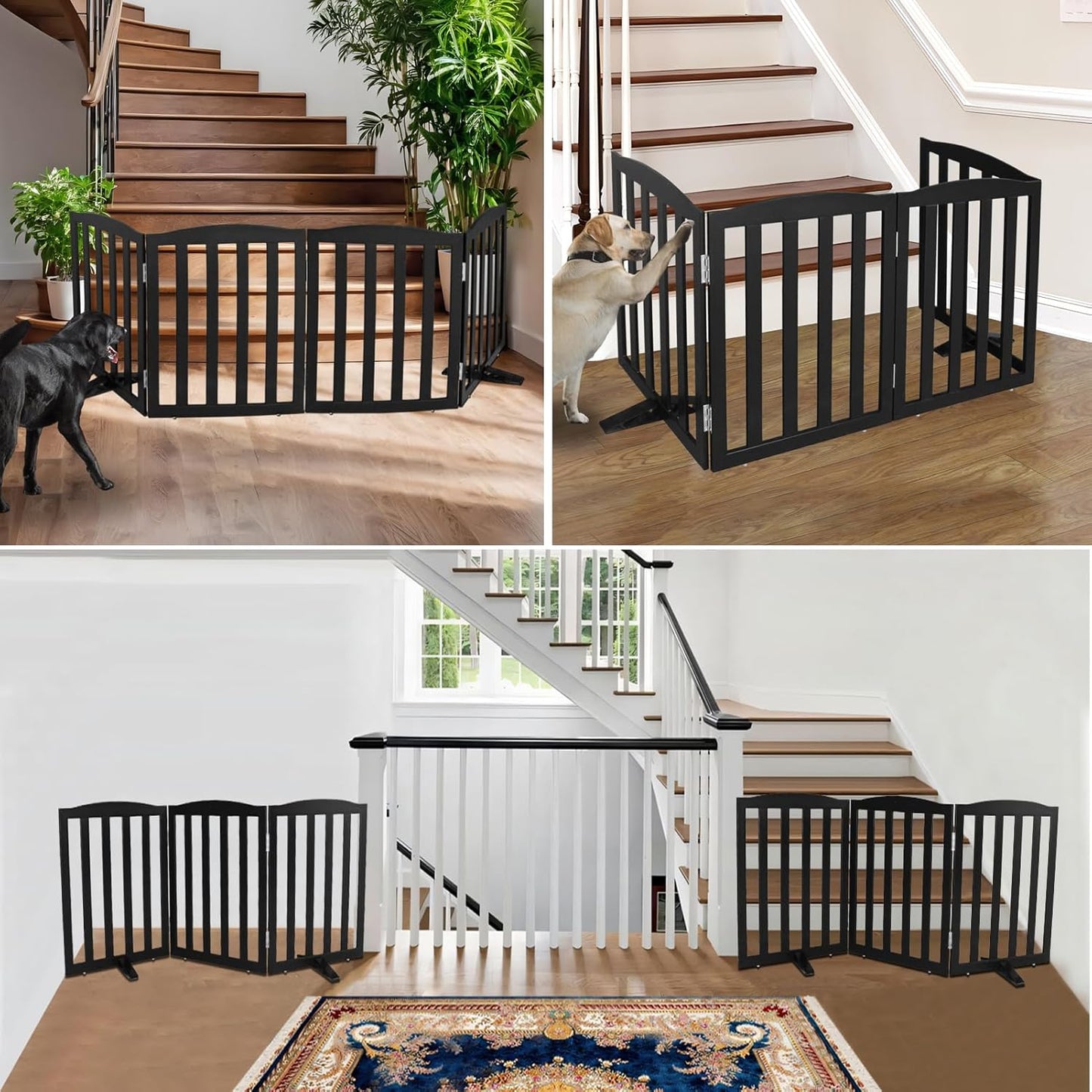 ZJSF Foldable Freestanding Indoor Dog Gate for House Wood Long Pet Gates Dog Fence for Stairs Puppy Gates for Hallways, Puppy Gate,Support Feet Included, Black, 32 "Height-3 Panels