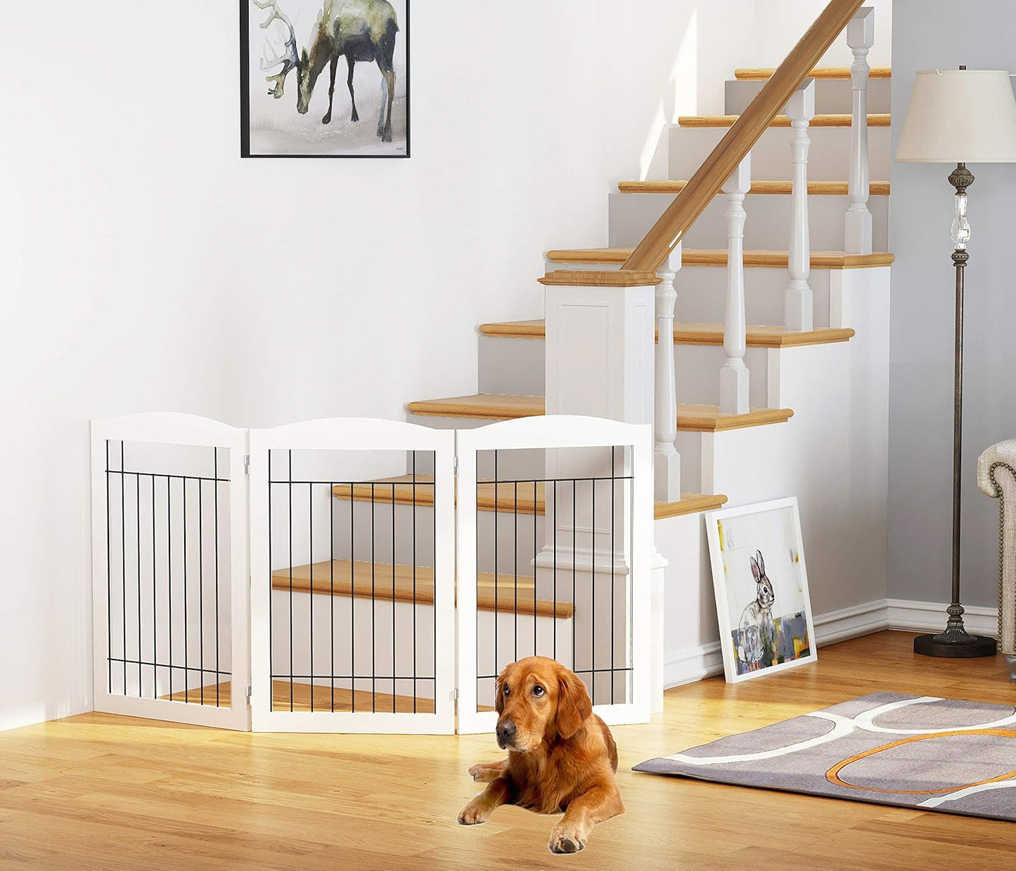 Spirich Freestanding Wire Pet Gate for Dogs, 60 inches Extra Wide, 30 inches Tall Dog Gate for The Houes, Doorway, Stairs, Pet Puppy Safety Fence, White 3 Panels