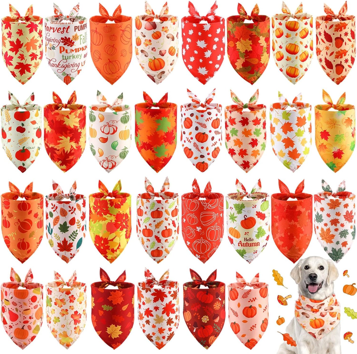 Chunful 30 Pcs Thanksgiving Fall Bandanas for Dogs Autumn Dog Bandanas with Maple Leaves Pumpkin Patterns Soft Bibs Triangle Doggie Scarf for Small Medium Large Pet Costume 25.6 x 17.7 x 17.7 Inch