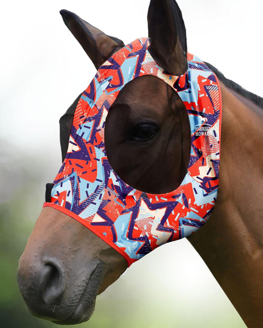 Harrison Howard Super Comfort Stretchy Fly Mask Large Eye Space with UV Protection Soft on Skin with Breathability Orange Geo Print M Cob