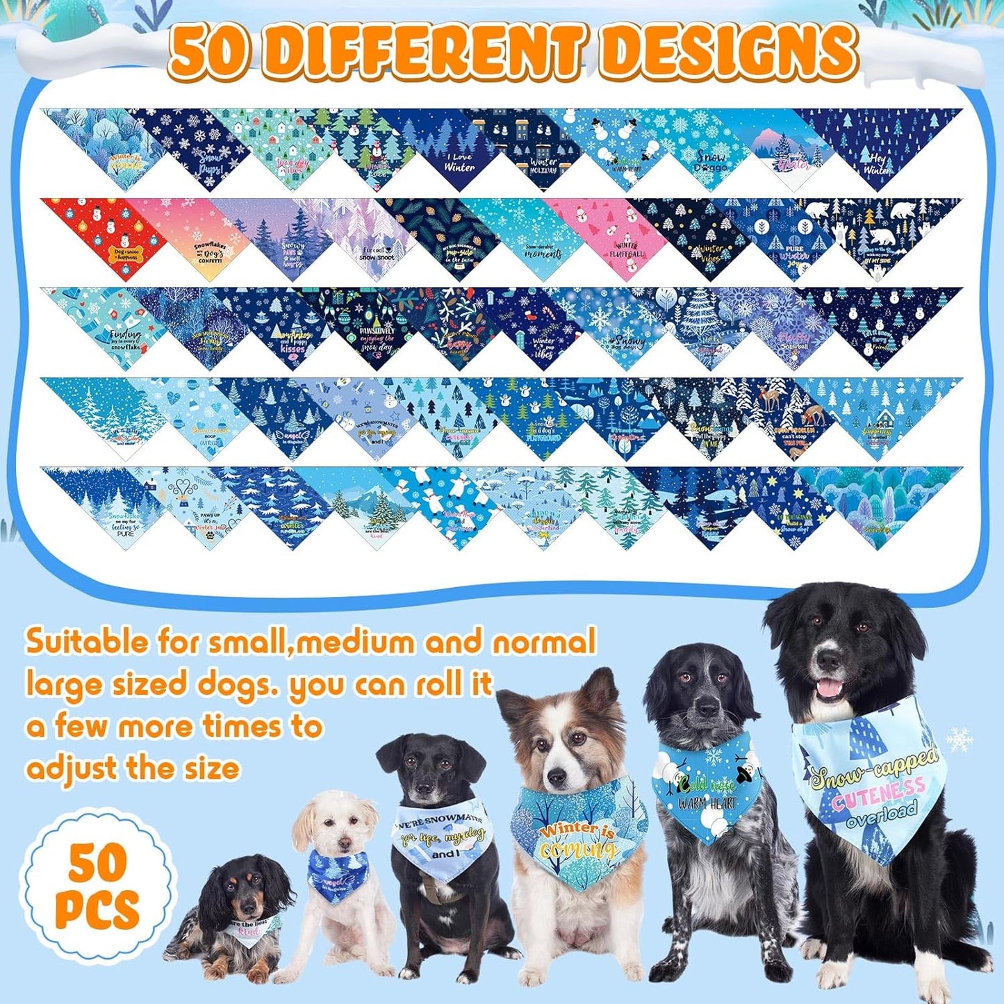 Abbylike 50 Pcs Winter Dog Bandanas Bulk Pet Scarfs Triangle Bibs Adjustable Washable Puppy Kerchief Seasonal Pet Costume Accessories Grooming Supplies for Small Medium Large Dogs Cats
