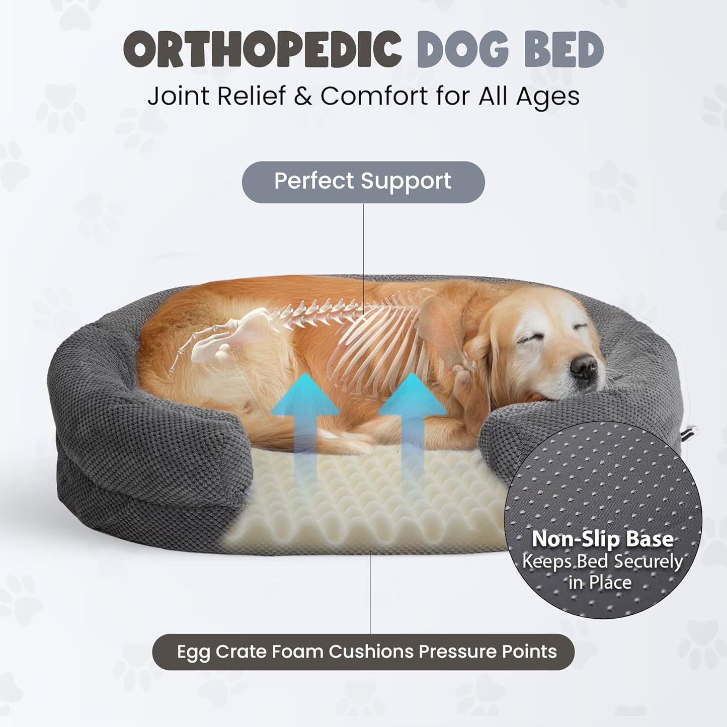 XL Orthopedic Dog Bed, 52"x40" Extra-Thick 4.7" Egg Crate Foam Couch for Extra Large Dogs, Washable Bolster Sofa Bed, Calming Plush Cover, Round Support Pad, Giant Dog Bed with Removable Cover
