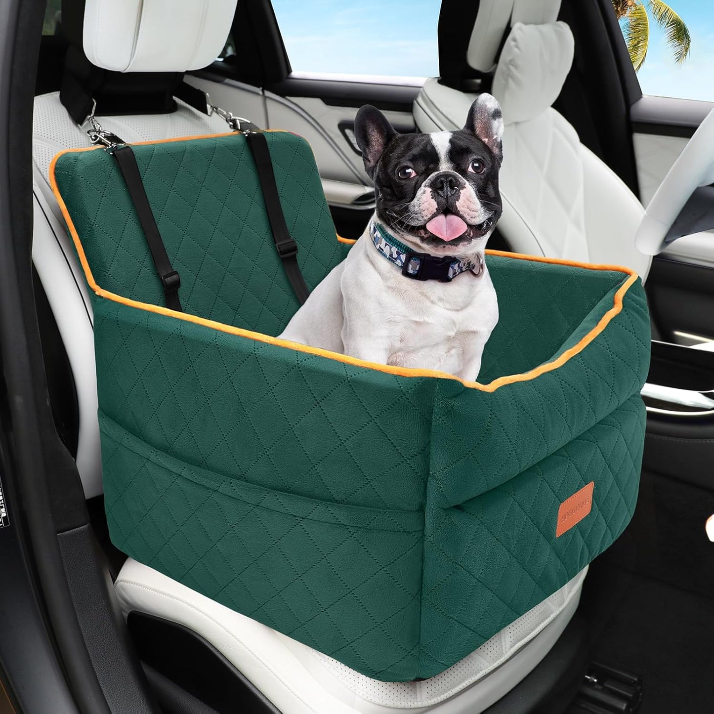 Dog Car Seat for Small Medium Dogs, Memory Foam Puppy Dog Booster Seat with Thick Cushion for Dogs Under 35lbs, Detachable Washable Pet Car Seat Travel Bed with Storage Pockets,2 Safety Belts
